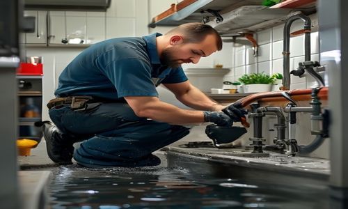 Licensed plumber repairing pipes under sink